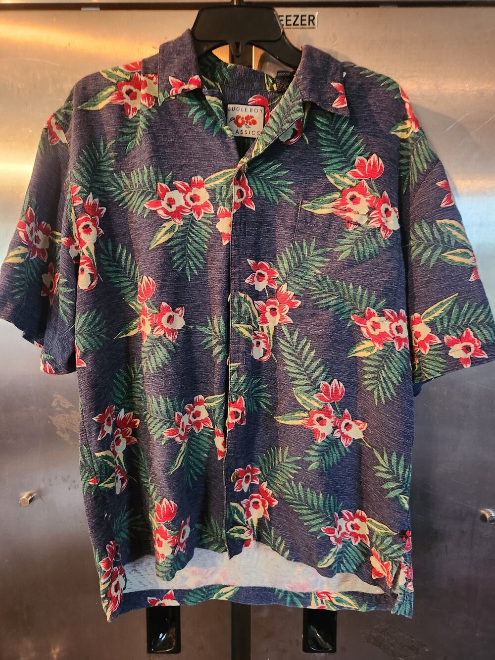 Bugle Boy Classics Mens L Silk Blend Tropical Shirt Navy Palm Hibiscus